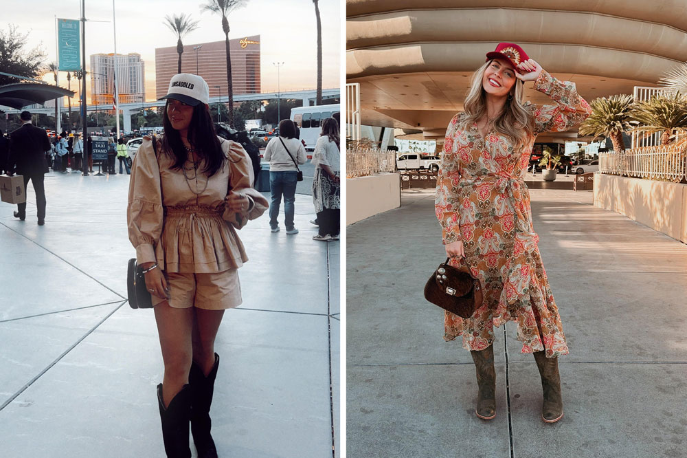 A collage of woman wearing Justin western boots.